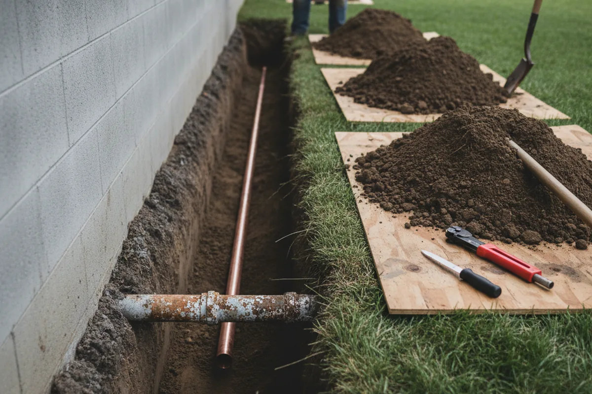Excavated water line trench during Sewer Line Repair in Tutor Key